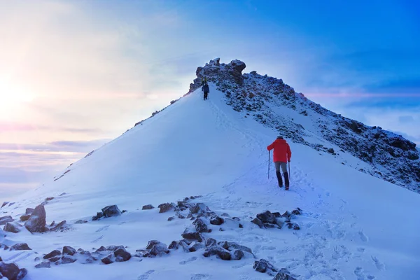 Montañista Llega Cima Una Montaña Nevada Día Soleado Invierno —  Fotos de Stock