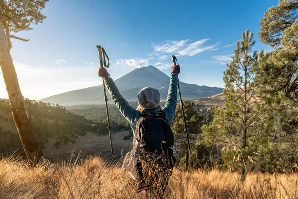 Succesvolle wandelaar observeren op bergtop klif rand — Stockfoto