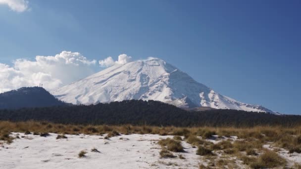 Vulcão popocatepetl coberto de neve com céu azul — Vídeo de Stock