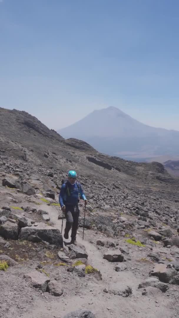 Hombre senderismo retrato con mochila caminando en la naturaleza — Vídeos de Stock