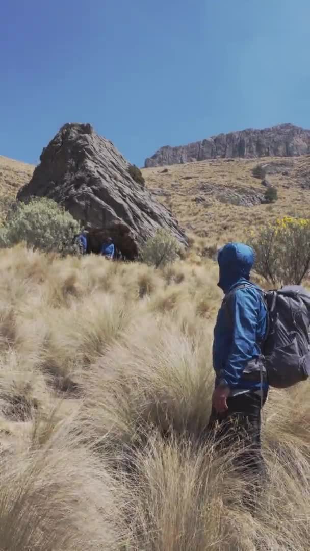 Człowiek spacerujący w górskim krajobrazie — Wideo stockowe