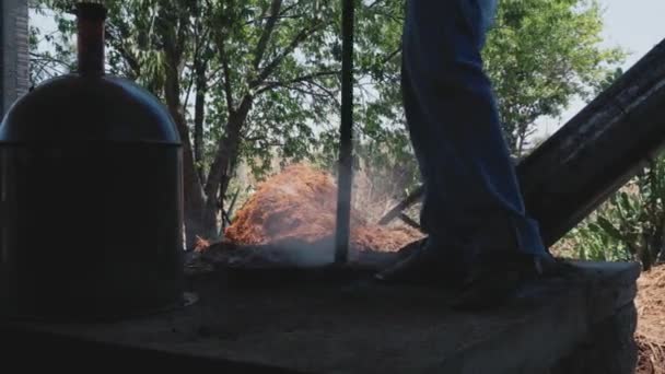 Alembik tembaga dengan serat agave untuk menyaring mezcal — Stok Video