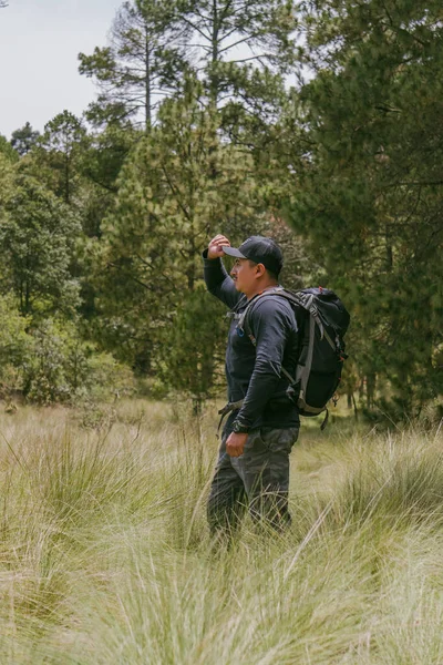 Hombre Viajero Solo Con Mochila Mirando Montaña Entre Bosques Verdes —  Fotos de Stock
