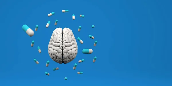 Brain Surrounded Blue Pills Rendering — Fotografia de Stock