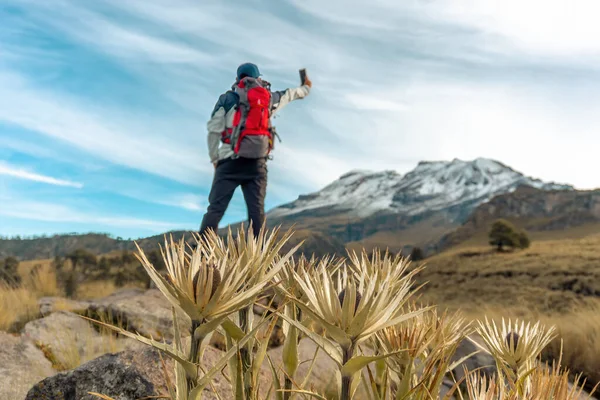 Young Man Taking Selfie Mobile Smart Phone Hiking Mountains Mexico —  Fotos de Stock