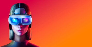 Fütürist bir kadın, 3D illüstrasyon, saç stili Whit Vr gözlükleri.