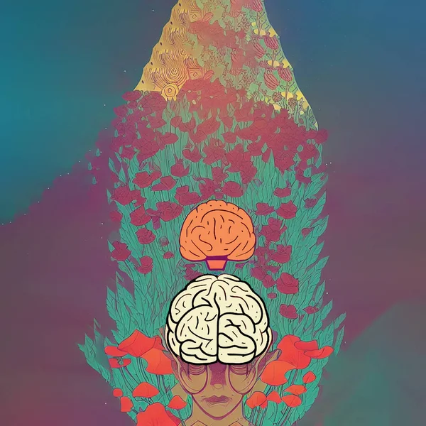 キノコの脳の手描きの色 — ストック写真