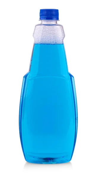 Modrá láhev s domácími chemikáliemi izolované na bílém pozadí — Stock fotografie
