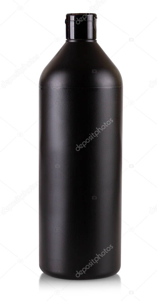 black bottle with shampoo isolated on white background