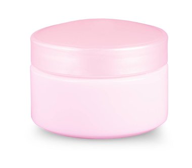 Beyaz arka planda izole edilmiş kozmetik kremli pembe kavanoz.