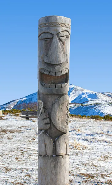 Estatua de ídolo de madera cerca del volcán Vilyuchik, península de Kamchatka — Foto de Stock