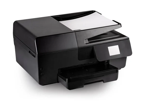 Impresora de inyección de tinta negra multifunción moderna con papel aislado sobre fondo blanco — Foto de Stock