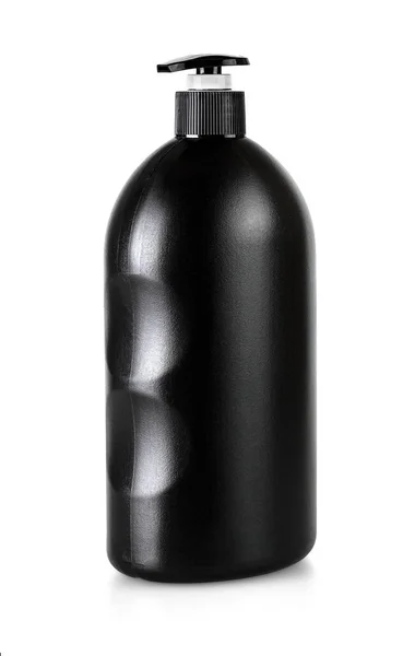 Black cosmetic bottle with pump isolated on white background — Stock Photo, Image