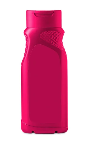 하얀 배경에 남성 샤워기가 붙어 있는 분홍색 플라스틱 병 — 스톡 사진