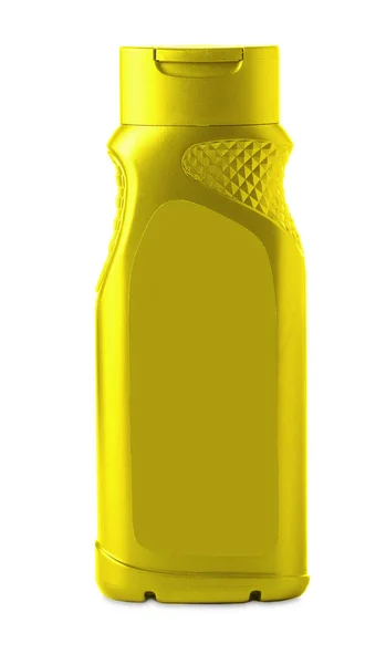 Botol plastik kuning dengan gel mandi laki-laki terisolasi pada latar belakang putih — Stok Foto