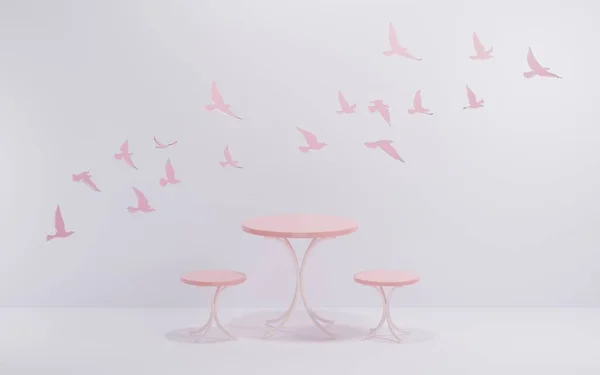 Pastel Modern Minimal Table Set Chairs Bird Silhouette Wall Cut — Stock Photo, Image