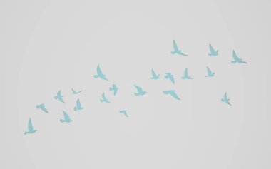 Üç boyutlu uçan kuşlar duvardaki siluetleri keserek arka plan oluşturuyorlar. Güvercin çizgisi. Özgürlüğün sembolü