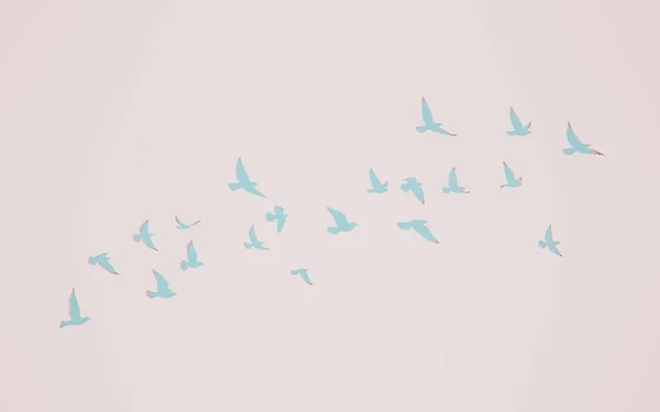 3D rendering flying birds flock silhouettes on wall cut out background. pigeon outline. symbol of freedom.