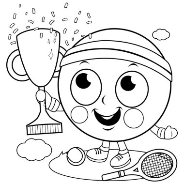Raketli ve kupayı elinde tutan tenis topu sahibi çizgi film karakteri. Tenis topu sporcusu maskotu, beyaz arka planda raketi ve şampiyonluk ödülü var. Vektör siyah ve beyaz boyama kitabı sayfası