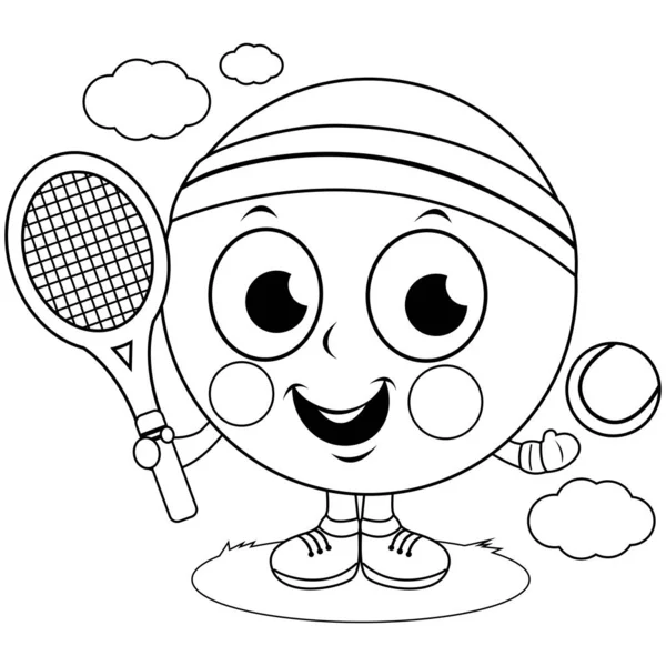 Тенісний Персонаж Грає Теніс Векторна Чорно Біла Розмальовка Сторінка — стоковий вектор
