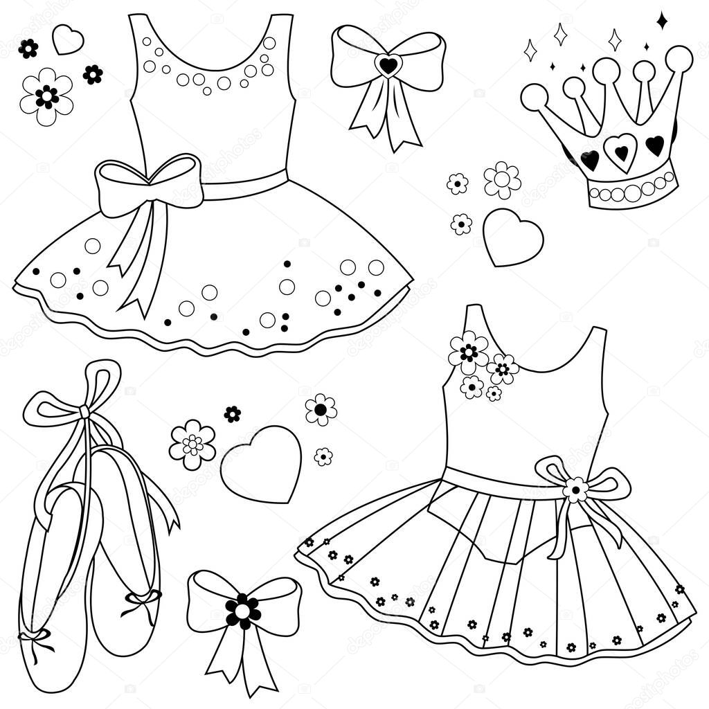 Collection of cute ballerina dancer girl outfits, ballet shoes, ribbons, crown and flowers. Vector black and white coloring page