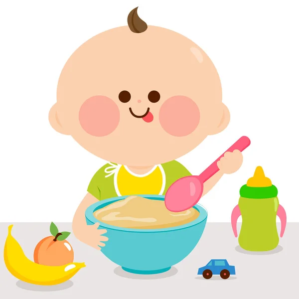 Baby Die Ontbijtgranen Fruit Eet Vectorillustratie — Stockvector