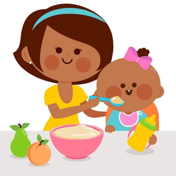 Madre Che Mangiare Suo Bambino Una Ciotola Cereali Frutta Illustrazione — Vettoriale Stock