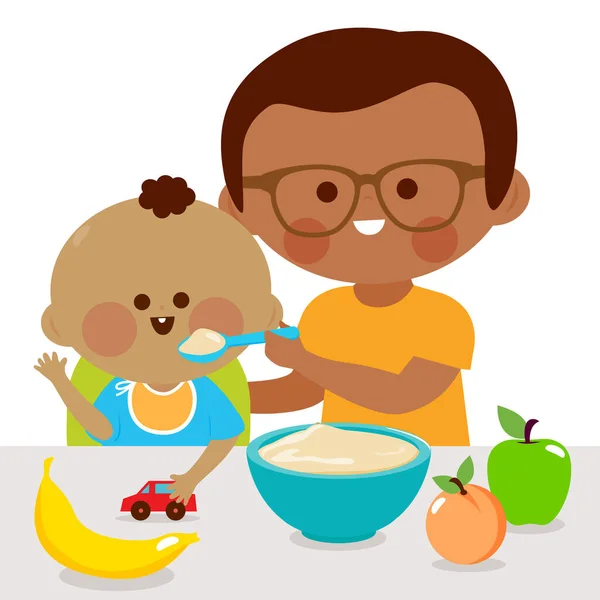 Father Feeding His Baby Bowl Cereal Fruit Vector Illustration — Stock Vector