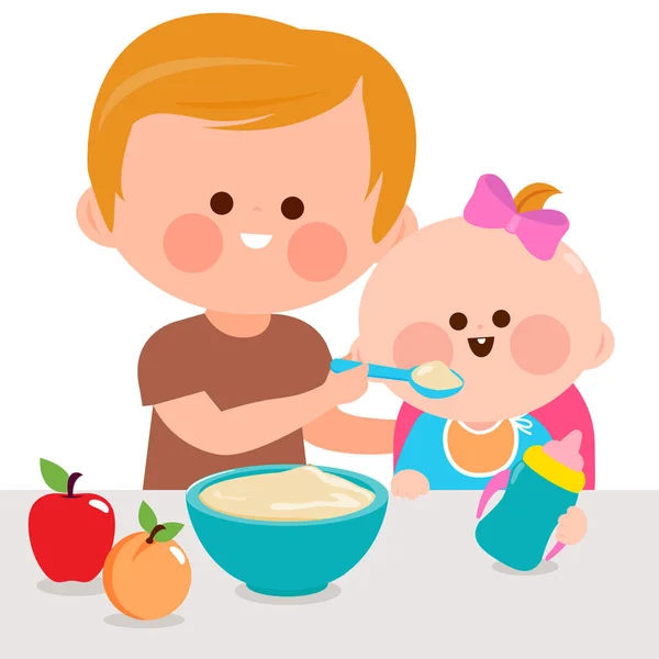 Vader Geeft Zijn Baby Een Kom Cornflakes Fruit Vectorillustratie — Stockvector