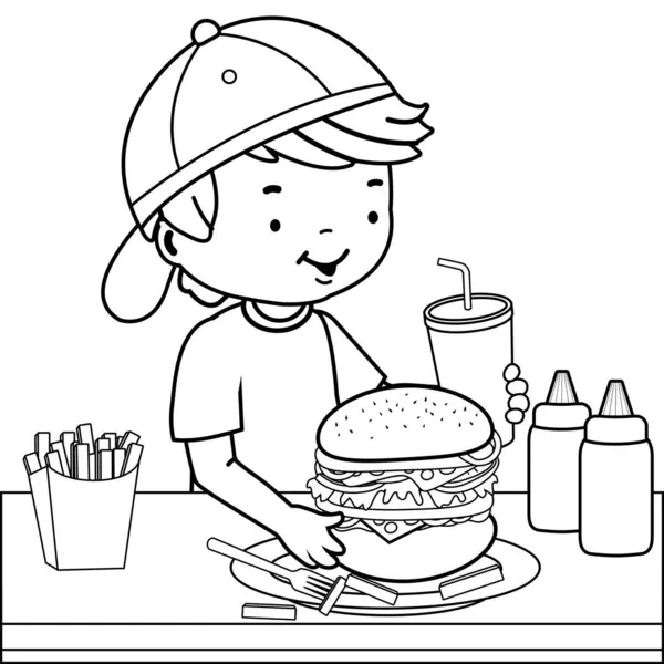 Мальчик Ест Гамбургер Ресторане Векторная Черно Белая Раскраска — стоковый вектор