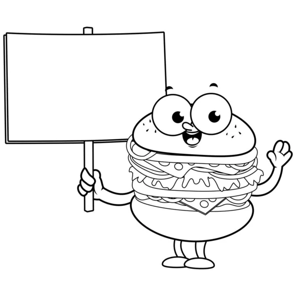 ブランクの看板を持つハンバーガーキャラクター ベクトル黒と白の着色ページ — ストックベクタ