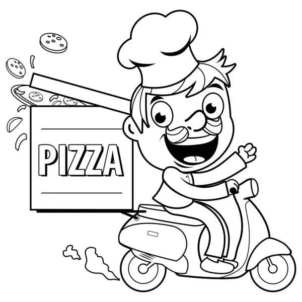 Pizza Donáška Šéfkuchař Skútru Vektorové Černobílé Zbarvení Stránky — Stockový vektor