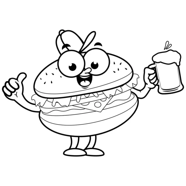 Hamburger Karakter Memegang Bir Halaman Pewarnaan Hitam Dan Putih Vektor - Stok Vektor