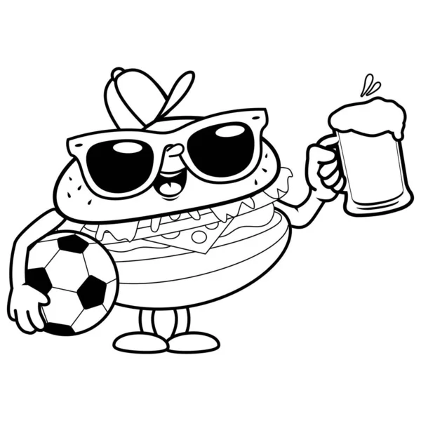 Hamburguesa Dibujos Animados Con Una Pelota Fútbol Bebiendo Cerveza Vector — Archivo Imágenes Vectoriales