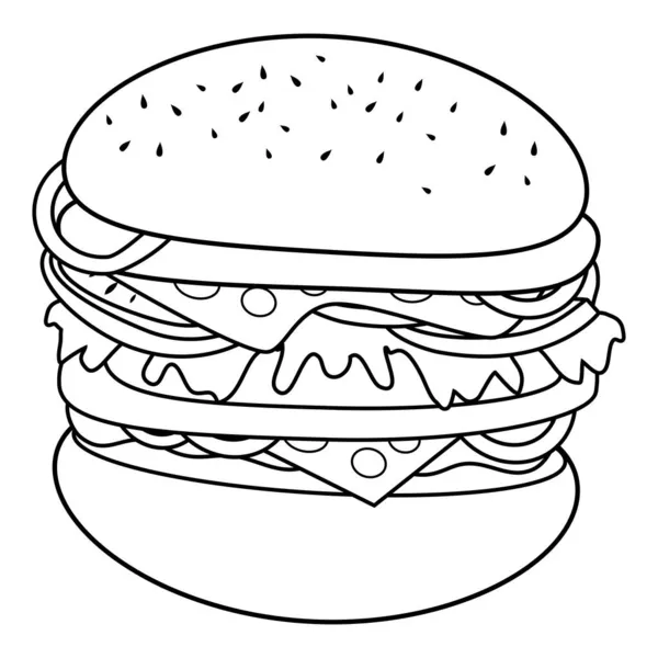 Hamburger Sajttal Vektor Fekete Fehér Színező Oldal — Stock Vector