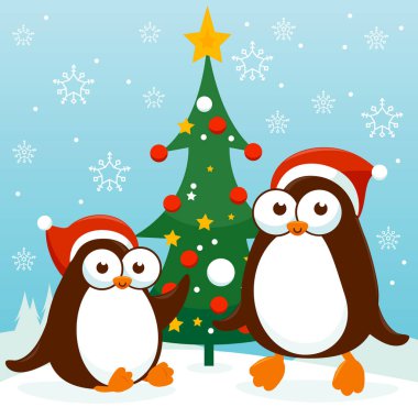 Penguenler ve Noel ağacı olan Noel manzarası. Vektör illüstrasyonu