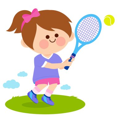 Tenis kortunda tenis oynayan aktif çocuk tenisçi. Tenis oynayan bir kız. Vektör illüstrasyonu