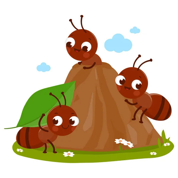 蚂蚁山上的卡通蚂蚁带着食物进入它们的巢穴 矢量说明 — 图库矢量图片