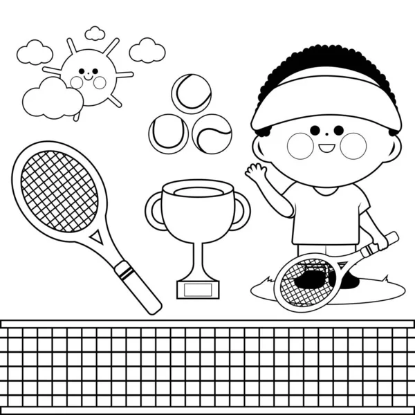 Jugador Tenis Vector Blanco Negro Para Colorear Página — Vector de stock