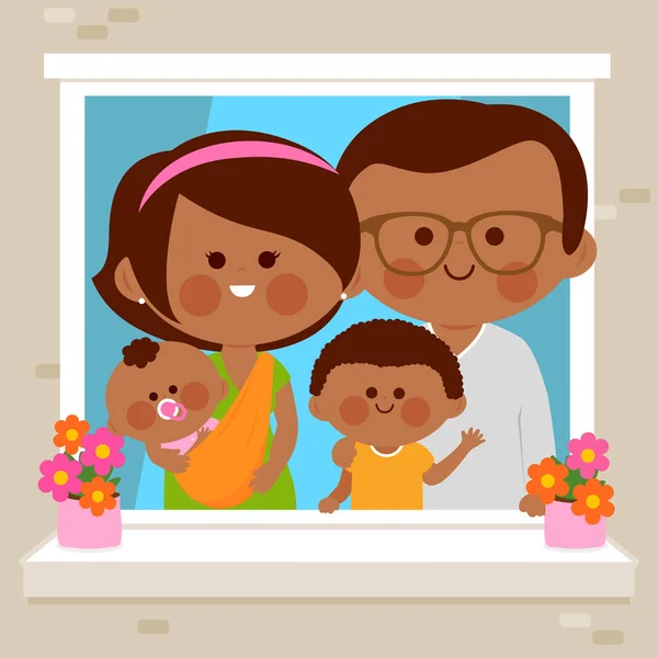 Ευτυχισμένη Οικογένεια Μαύρων Στο Σπίτι Τους Κοιτώντας Έξω Από Παράθυρο — Διανυσματικό Αρχείο