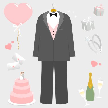 Damat takımı ve düğün eşyaları hazır. Vektör illüstrasyonu