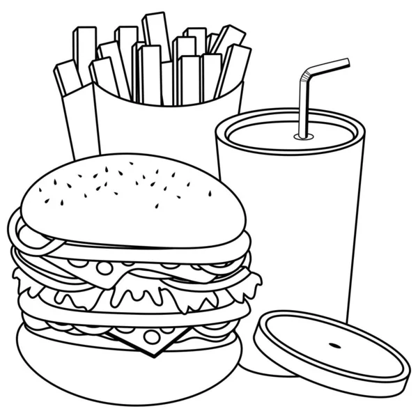 Fast Food Hamburger Friet Drank Vector Zwart Wit Kleurplaat — Stockvector