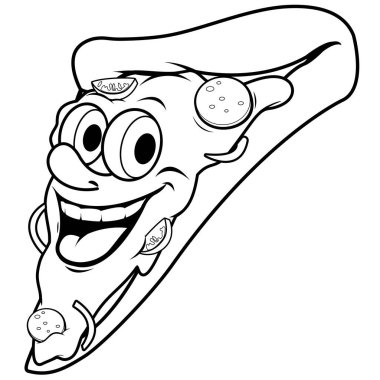 Çizgi film pizza dilimi karakteri. Vektör siyah ve beyaz renk sayfası