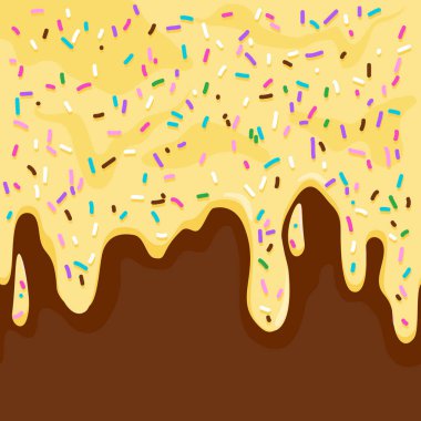 Renkli çikolata arkaplanına damlayan sarı şekerli. Vektör illüstrasyonu