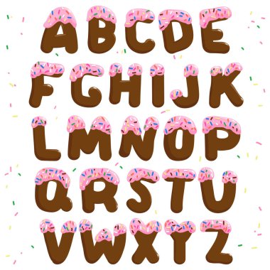 Pembe şekerli ve renkli şekerli çikolatalı alfabe. Vektör illüstrasyonu