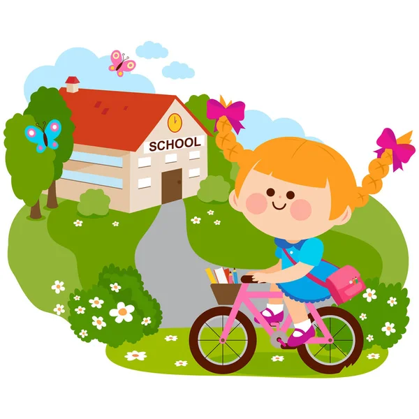 Little Girl Rides Her Bicycle School Vector Illustration — Stock Vector