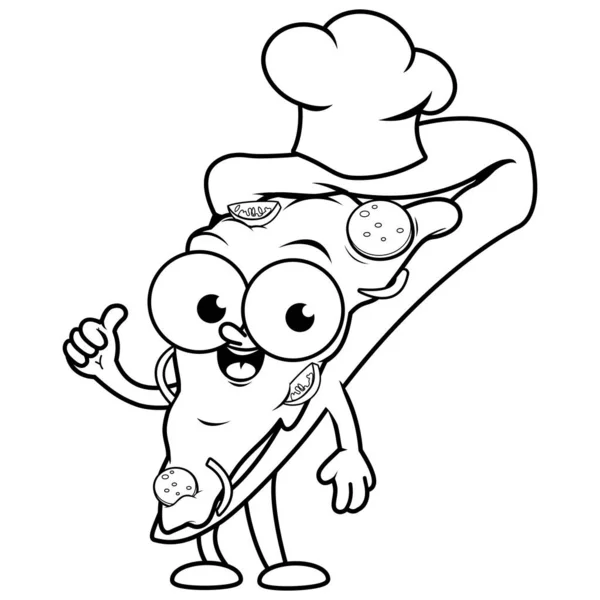 Şef Şapkalı Çizgi Film Pizza Dilimi Karakteri Vektör Siyah Beyaz — Stok Vektör