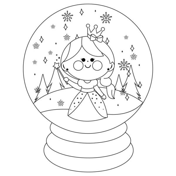 Fairy Tale Snow Globe Beautiful Princess Vector Black White Coloring — Stock Vector