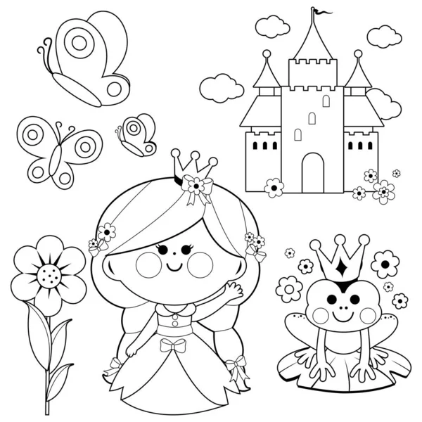 Primavera Princesa Cuento Hadas Ilustración Conjunto Vector Blanco Negro Para — Vector de stock