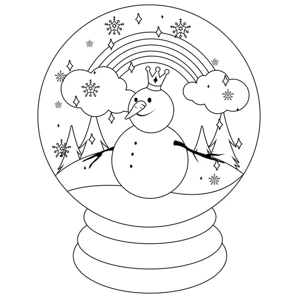 Fairy Tale Snow Globe Snowman Vector Black White Coloring Page — Stock Vector